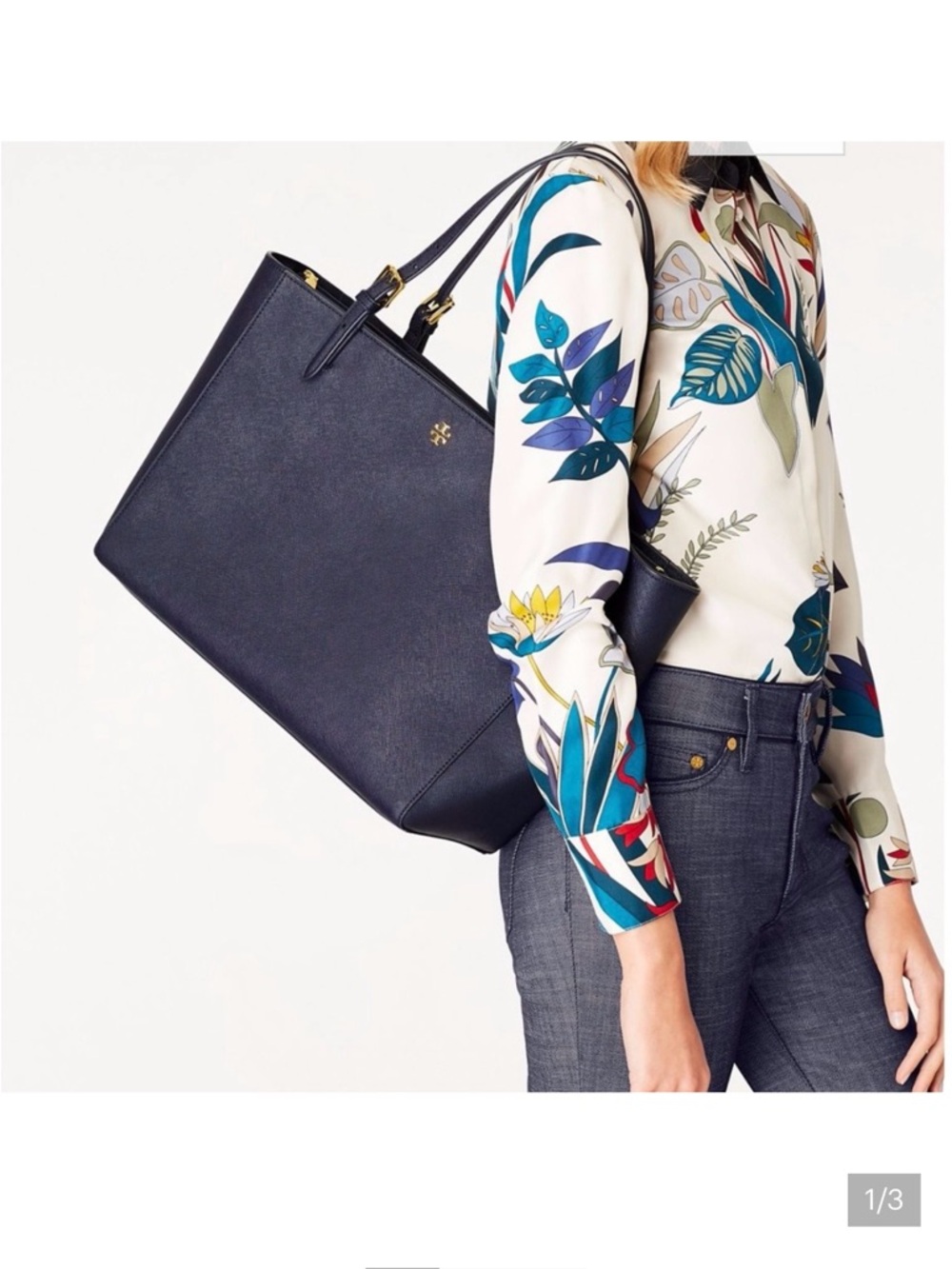 Tory Burch Navy Blue Leather York/Emerson Tote Bag EUC